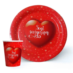 Seni Seviyorum Baskılı Kırmızı Tabak Bardak Set 8'li